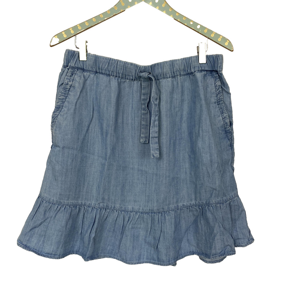 LOFT Chambray Denim Ruffle Skirt Womens‎ Medium Blue Short Pull On Boho Western
